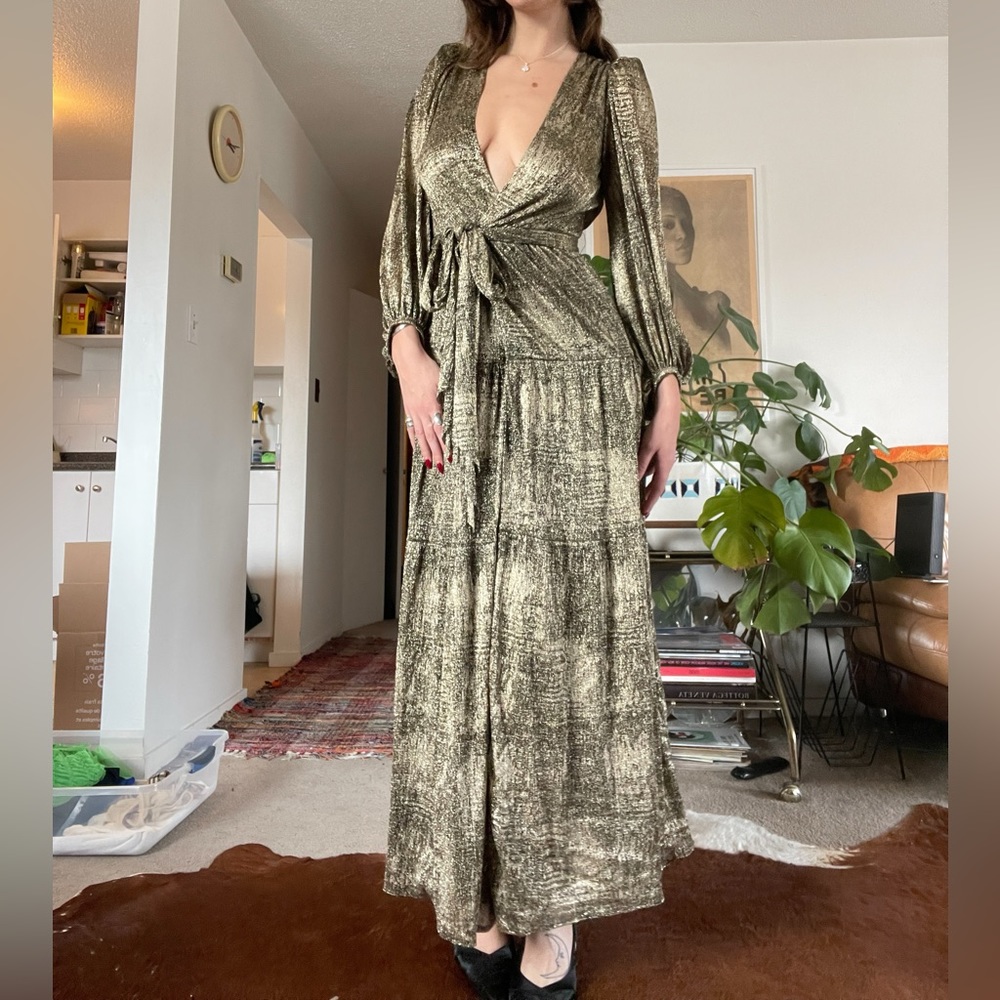 BA&SH SADDIE CUT OUT BACKLESS METALLIC LONG SLEEVE GOLD GOWN DRESS SZ 1